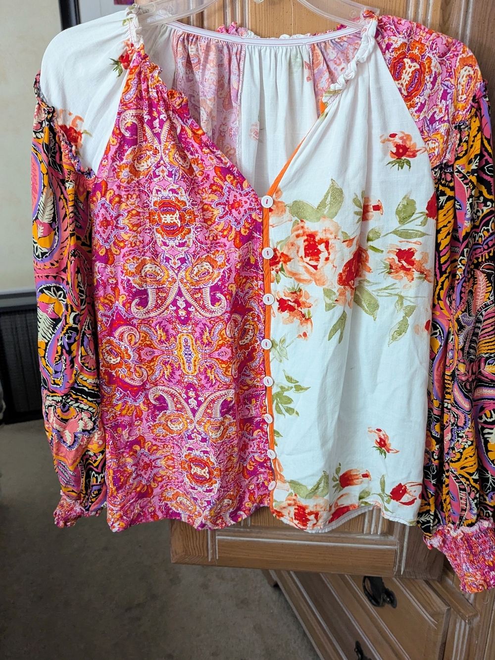 Mixed-Print Button Front Womens Top in Pink and White